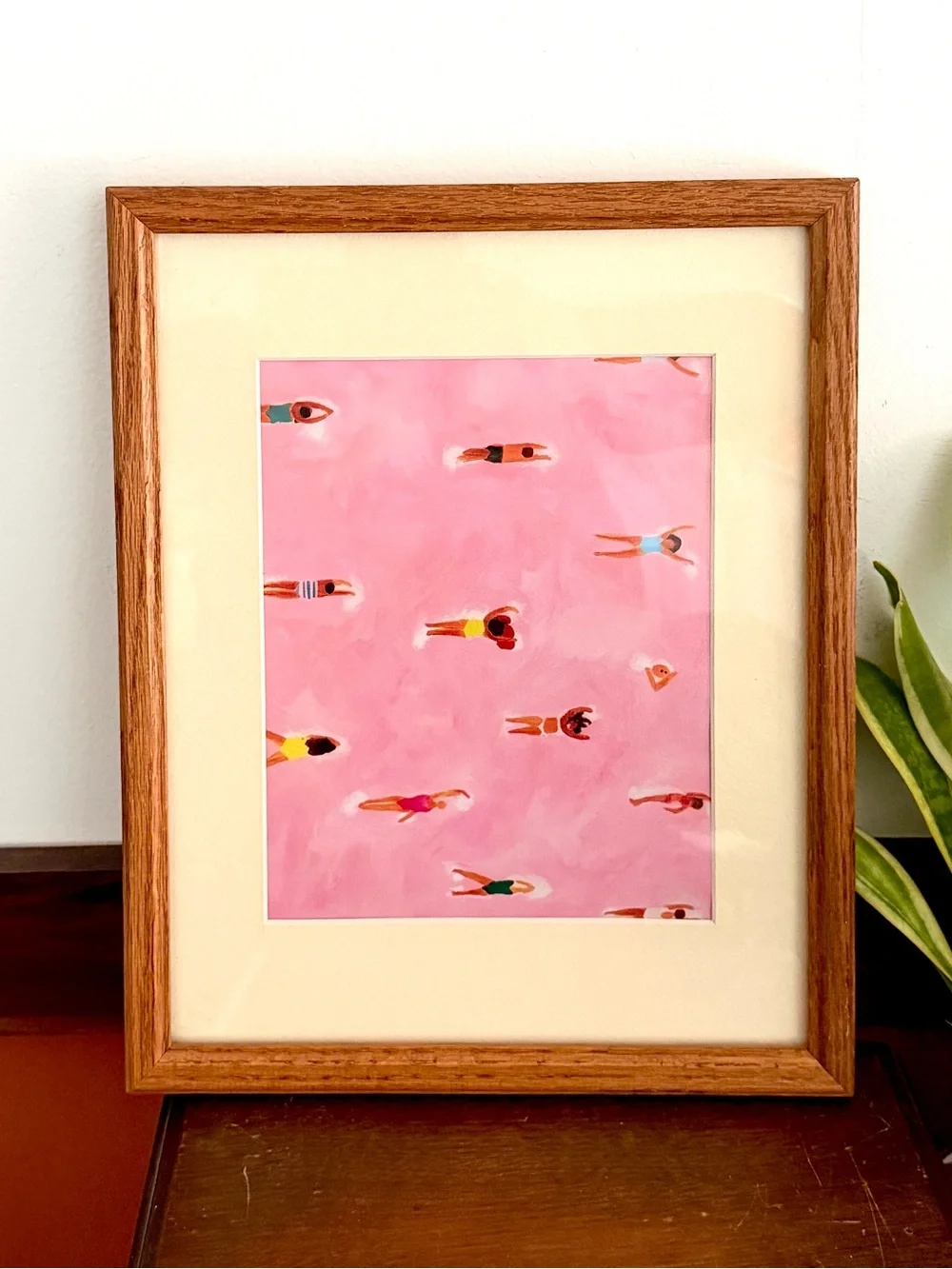 Swimming Pool People Swimmers Pink Pool Vintage Wood Framed & Matted Canvas Art